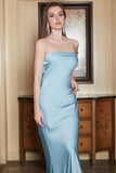 Grey Blue Strapless Sheath Long Prom Dress