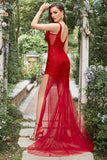 V Neck Red Long Mermaid Prom Dress with Embroidery
