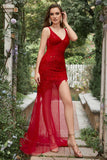 V Neck Red Long Mermaid Prom Dress with Embroidery