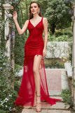 V Neck Red Long Mermaid Prom Dress with Embroidery