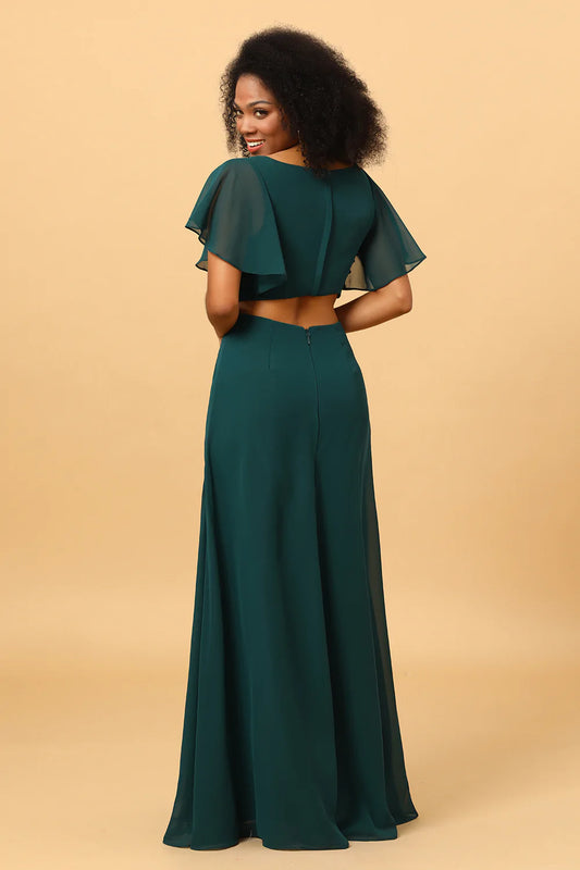 Hollow-out Chiffon Green Bridesmaid Dress with Ruffles Sleeves