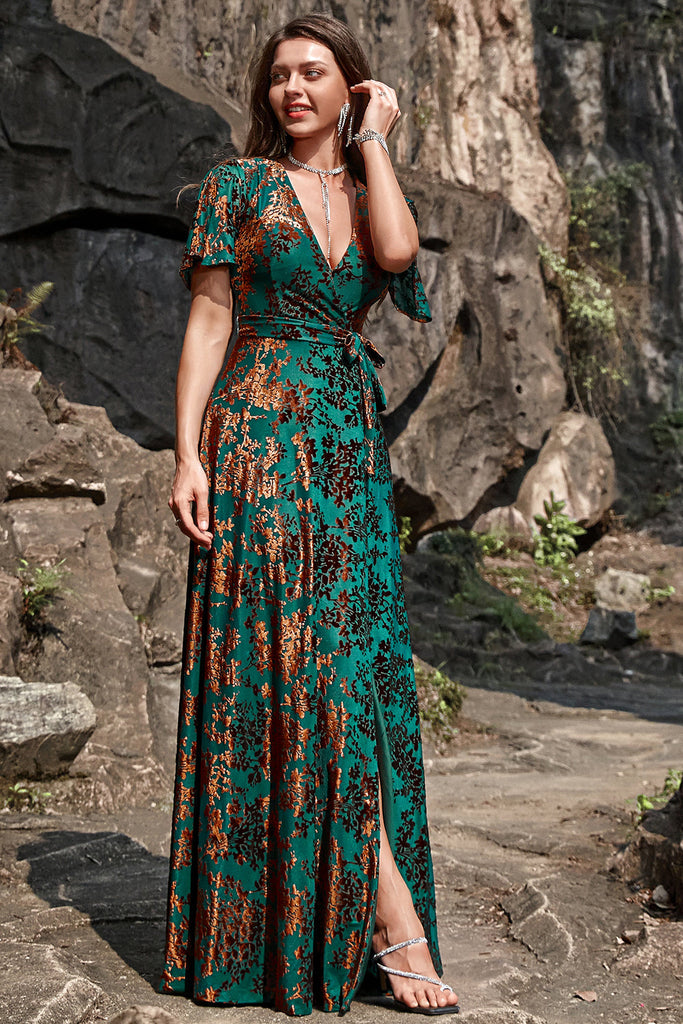 A Line V Neck Dark Green Long Prom Dresses with Leg Slit, V Neck Dark Green Formal Graduation Evening Dresses main image 1
