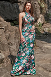 Flower Print Halter Satin Prom Dress