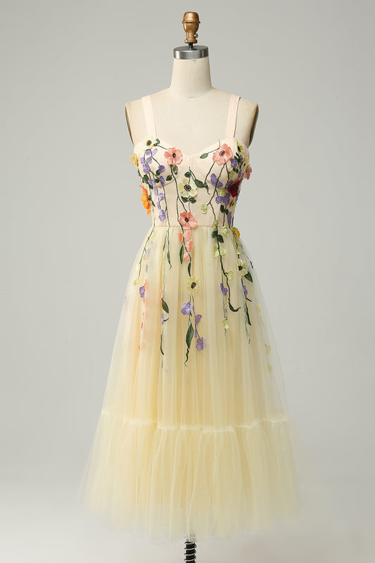 A-Line Flower Champagne Tea-Length Prom Dress