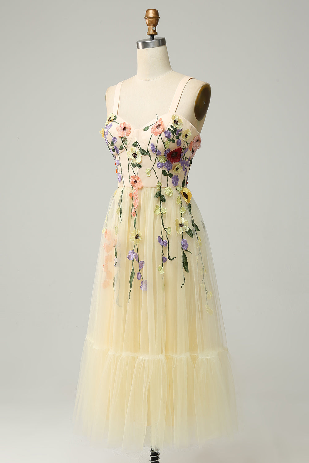 A-Line Flower Champagne Tea-Length Prom Dress