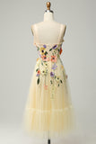 A-Line Flower Champagne Tea-Length Prom Dress
