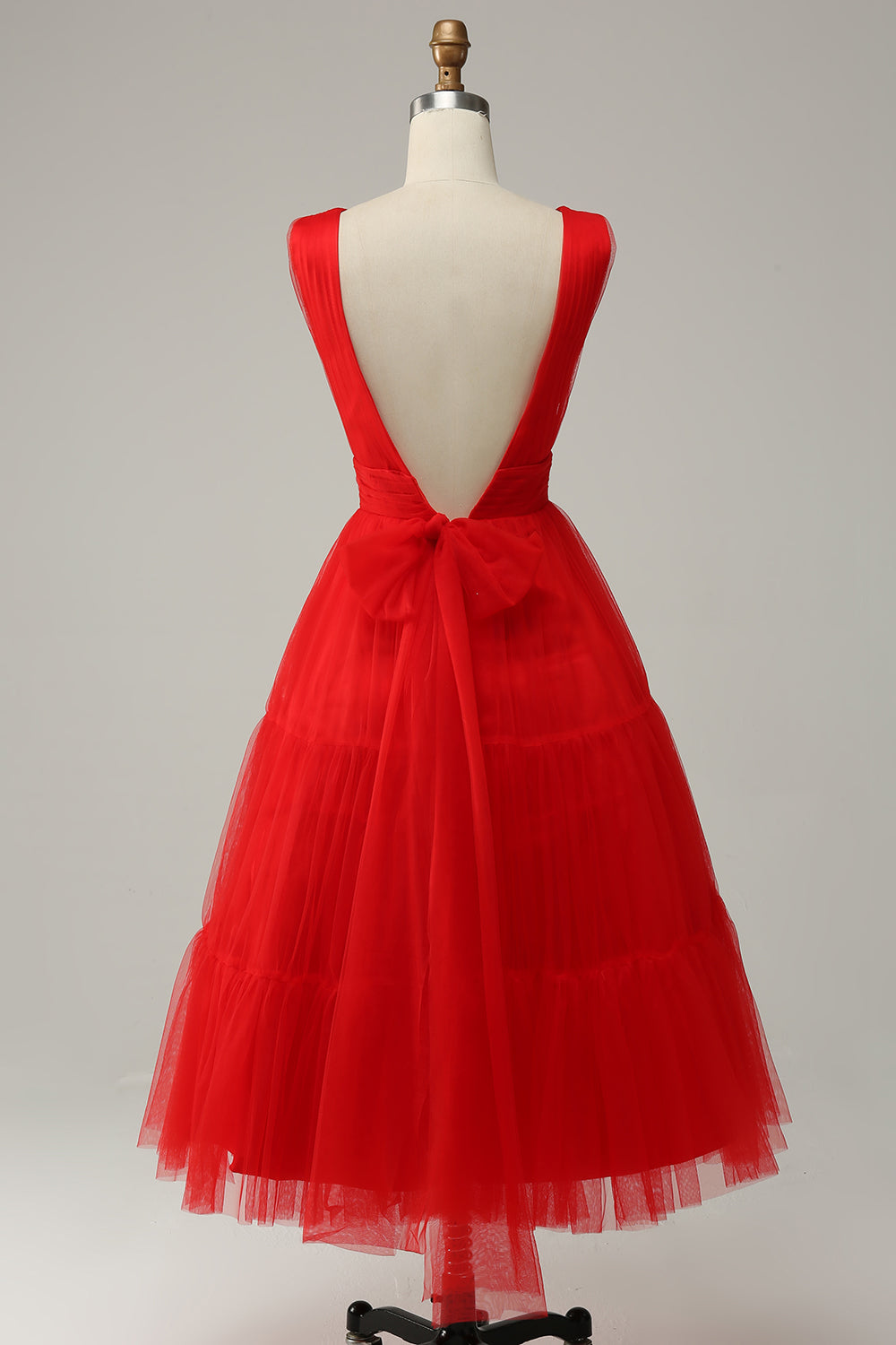 Red V-neck Tulle Tea-Length Prom Dress