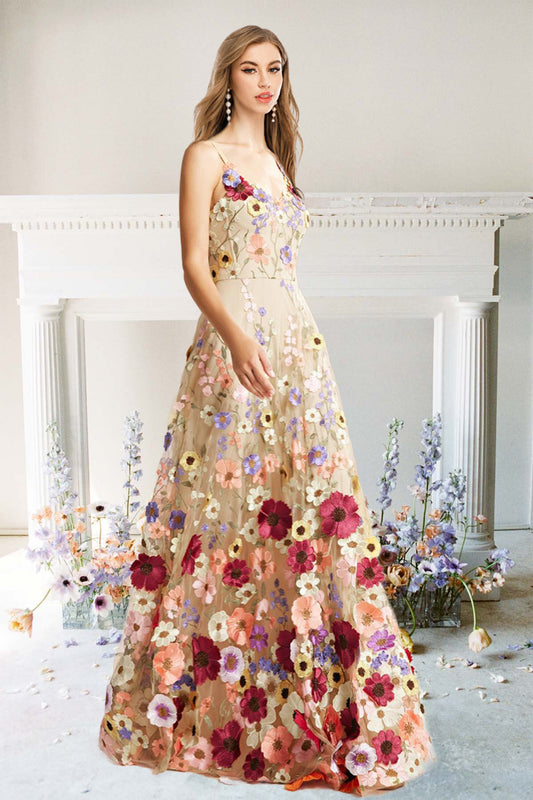 A-Line Flower Blossom Straps Floral Prom Dresses