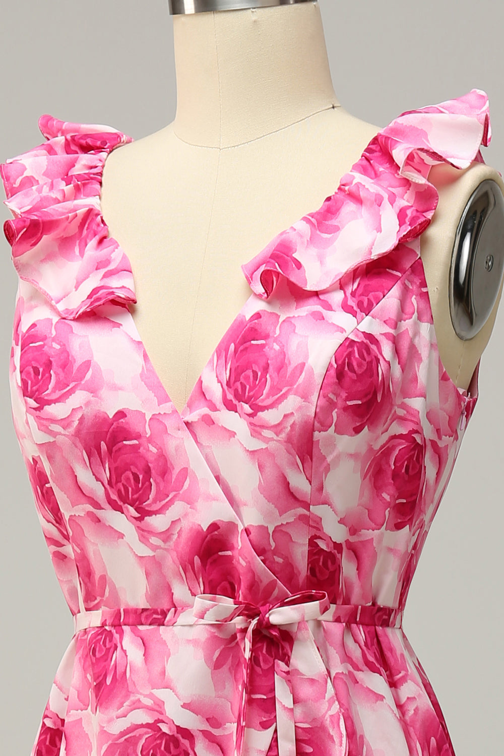 Plus Size High Low Pink Flower Printed Bridesmaid Dress with Ruffles