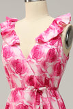 Plus Size High Low Pink Flower Printed Bridesmaid Dress with Ruffles