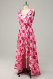 Plus Size High Low Pink Flower Printed Bridesmaid Dress with Ruffles