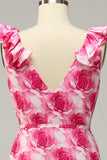 Plus Size High Low Pink Flower Printed Bridesmaid Dress with Ruffles