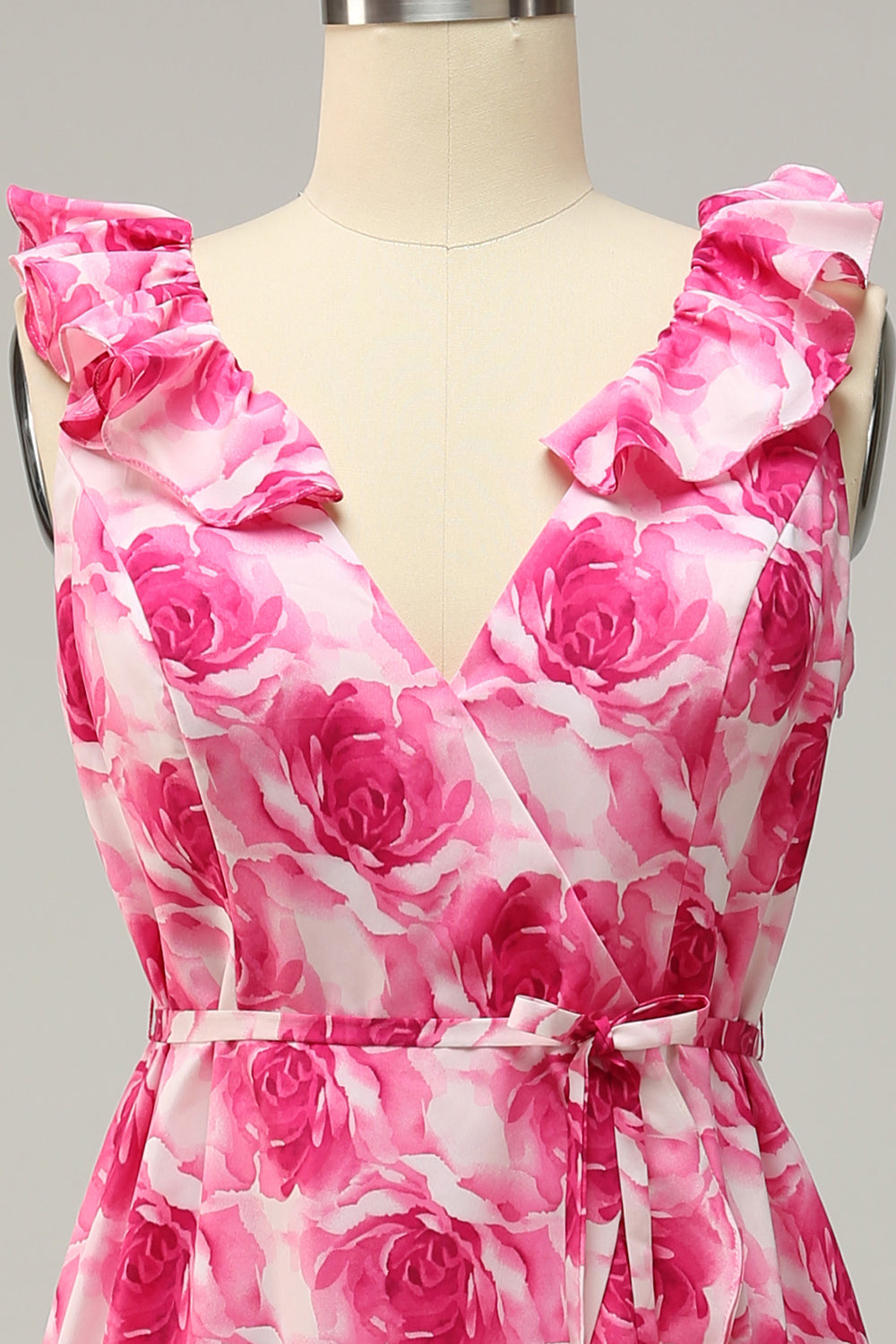 Plus Size High Low Pink Flower Printed Bridesmaid Dress with Ruffles