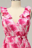 Plus Size High Low Pink Flower Printed Bridesmaid Dress with Ruffles