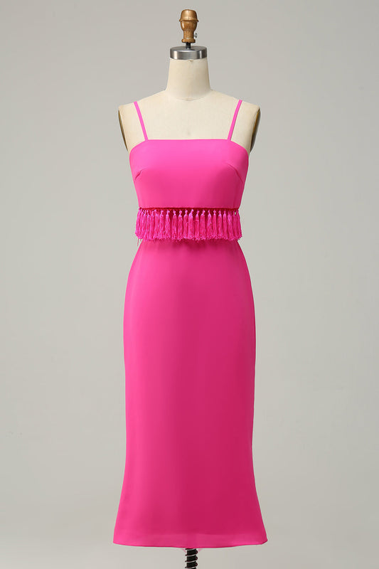 Spaghetti Straps Hot Pink Bridesmaid Dress with Fringes