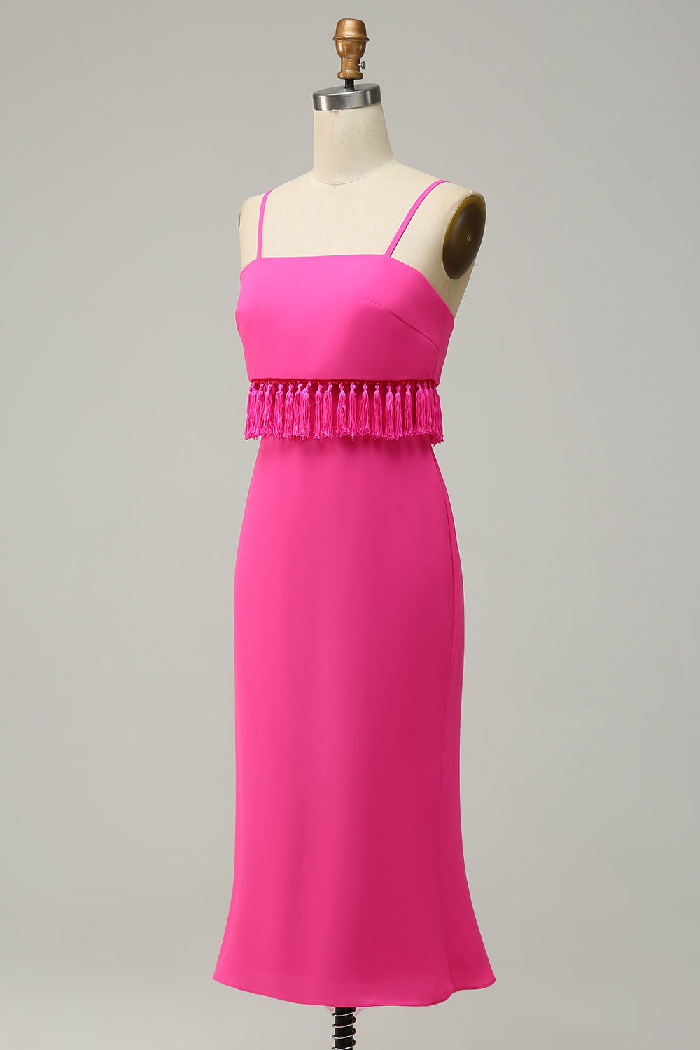 Spaghetti Straps Hot Pink Bridesmaid Dress with Fringes