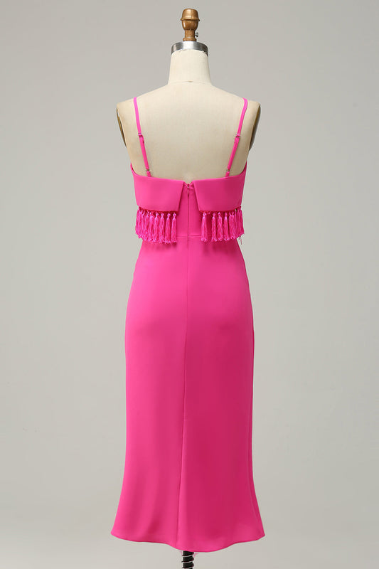 Spaghetti Straps Hot Pink Bridesmaid Dress with Fringes