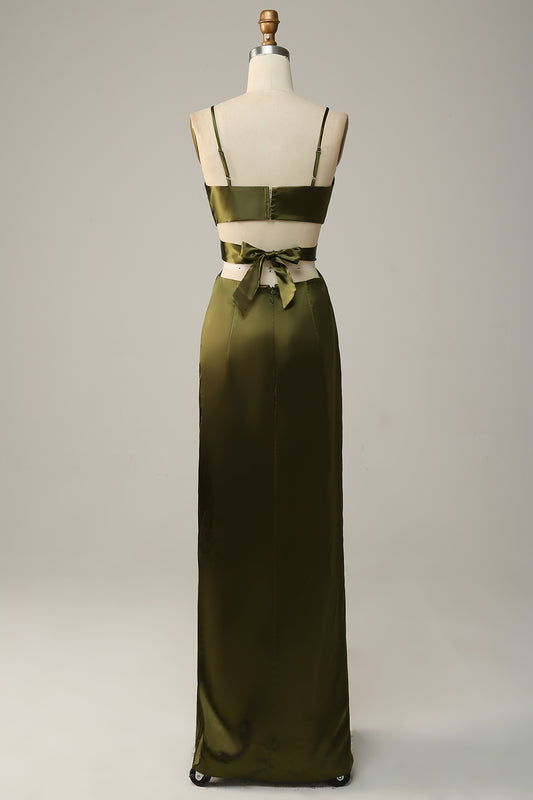 Spaghetti Straps Eucalyptus V neck Bridesmaid Dress