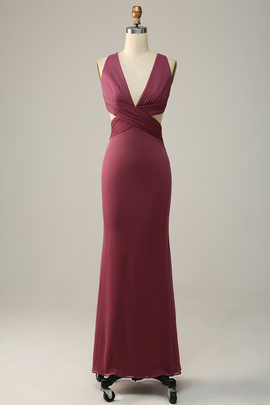 V neck Corss Back Desert Rose Bridesmaid Dress