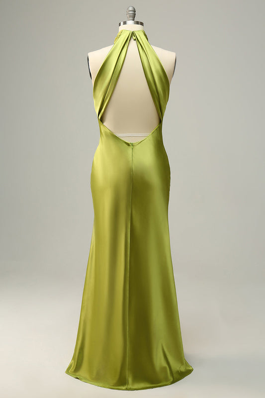 Halter Open Back Lemon Green Long Bridesmaid Dress