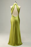 Halter Open Back Lemon Green Long Bridesmaid Dress