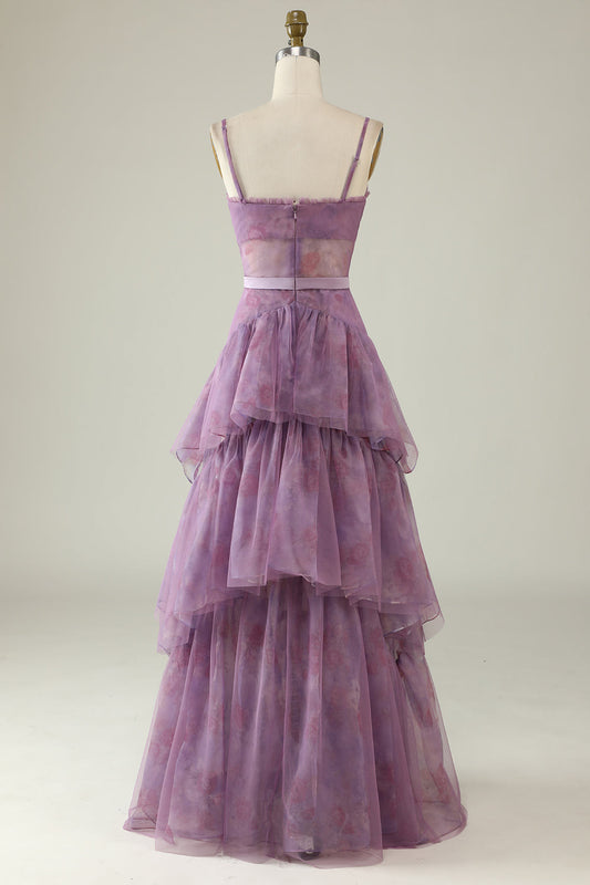 Purple Printed A Line Corset Prom Dress