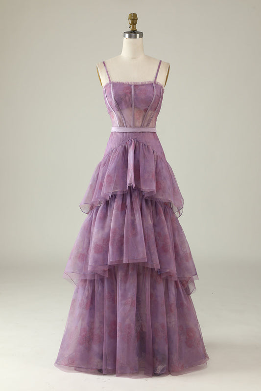 Purple Printed A Line Corset Prom Dress