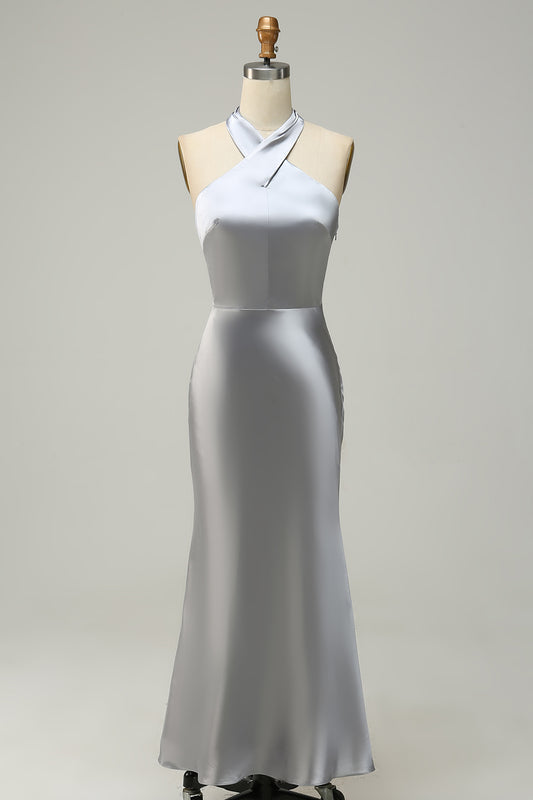 Silver Halter Neck Satin Long Bridesmaid Dress