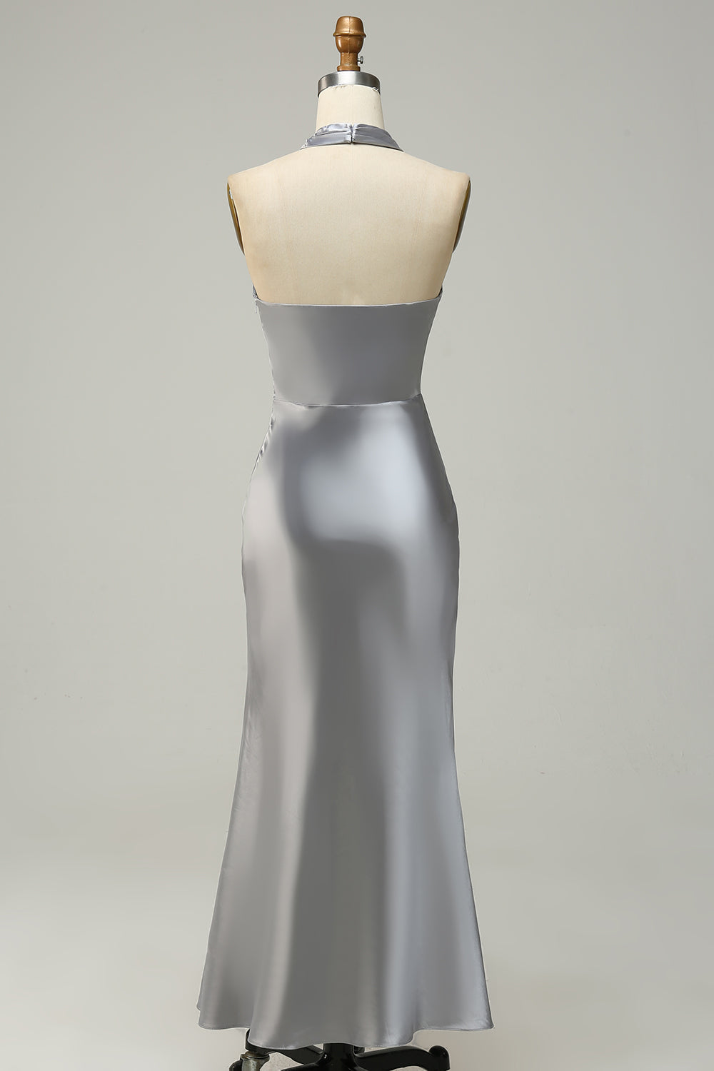 Silver Halter Neck Satin Long Bridesmaid Dress