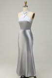 Silver Halter Neck Satin Long Bridesmaid Dress