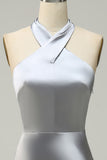 Silver Halter Neck Satin Long Bridesmaid Dress