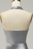 Silver Halter Neck Satin Long Bridesmaid Dress