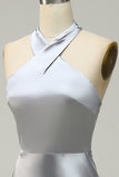Silver Halter Neck Satin Long Bridesmaid Dress