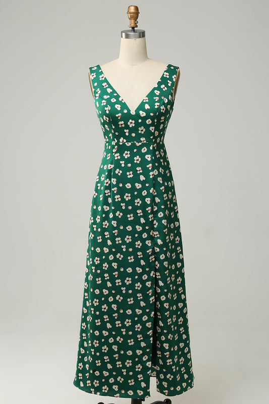Green Floral V neck Tea-Length Bridesmaid Dress