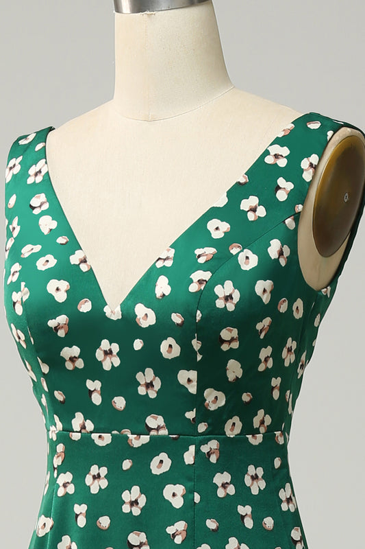 Green Floral V neck Tea-Length Bridesmaid Dress