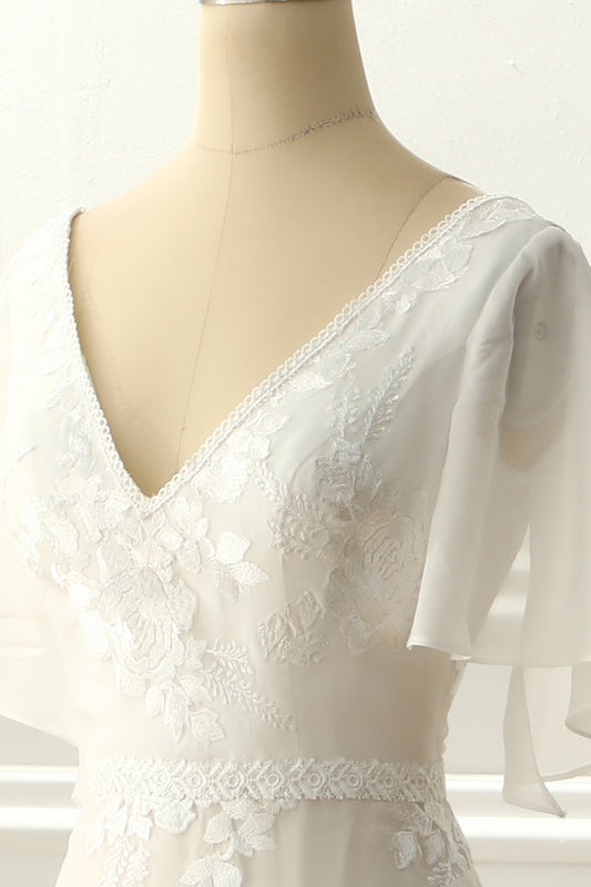 A-line V neck Floor-length Ivory Appliques Wedding Dress