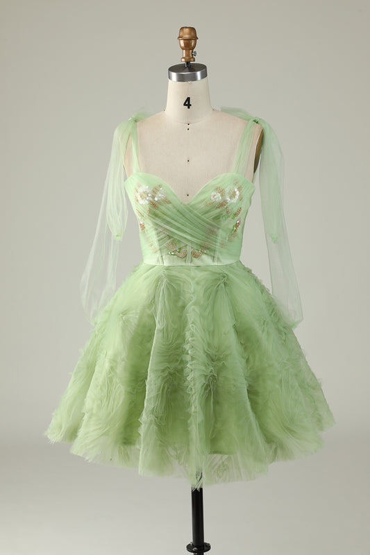 Green V neck Short Tulle Graduation Dress