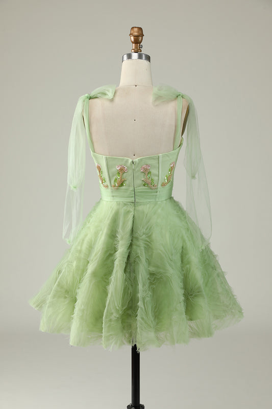 Green V neck Short Tulle Graduation Dress