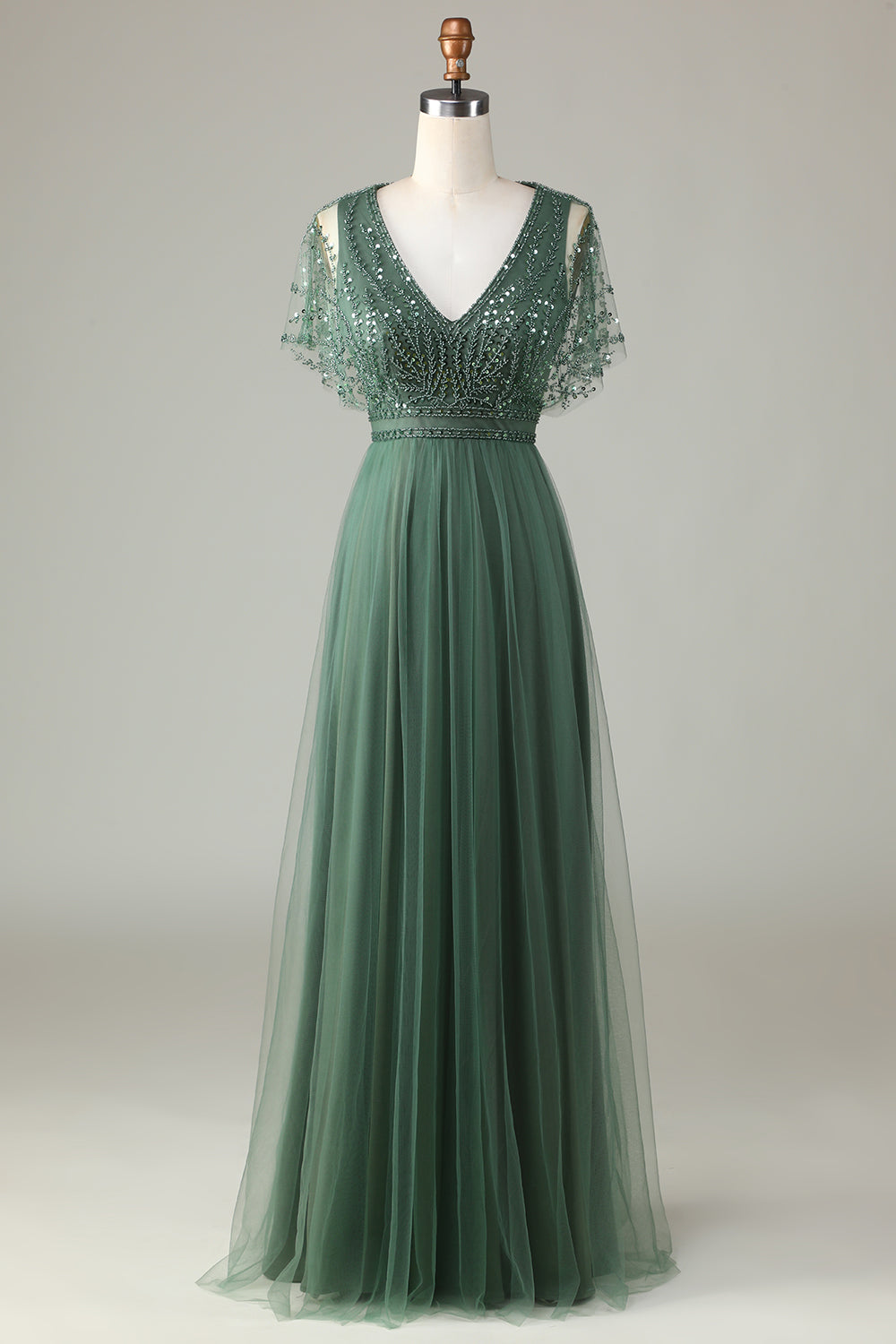 Zapakasa Women Beaded Eucalyptus Bridesmaid Dress with Sequins Tulle A-Line Wedding Guest Dress Zapakasa Women Beaded Eucalyptus Bridesmaid Dress with Sequins Tulle A-Line Wedding Guest Dress