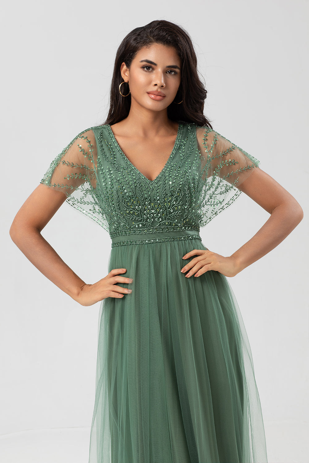 Zapakasa Women Beaded Eucalyptus Bridesmaid Dress with Sequins Tulle A-Line Wedding Guest Dress Zapakasa Women Beaded Eucalyptus Bridesmaid Dress with Sequins Tulle A-Line Wedding Guest Dress