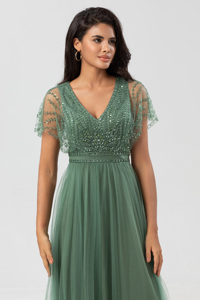 A Line Eucalyptus V-Neck Beaded Long Sleeves Bridesmaid Dress