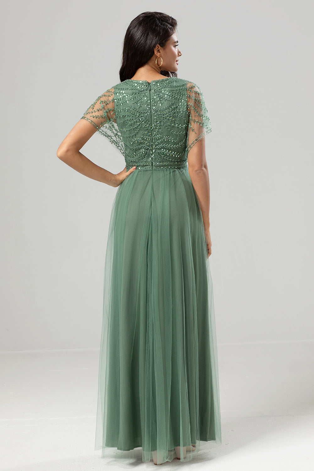 Zapakasa Women Beaded Eucalyptus Bridesmaid Dress with Sequins Tulle A-Line Wedding Guest Dress Zapakasa Women Beaded Eucalyptus Bridesmaid Dress with Sequins Tulle A-Line Wedding Guest Dress