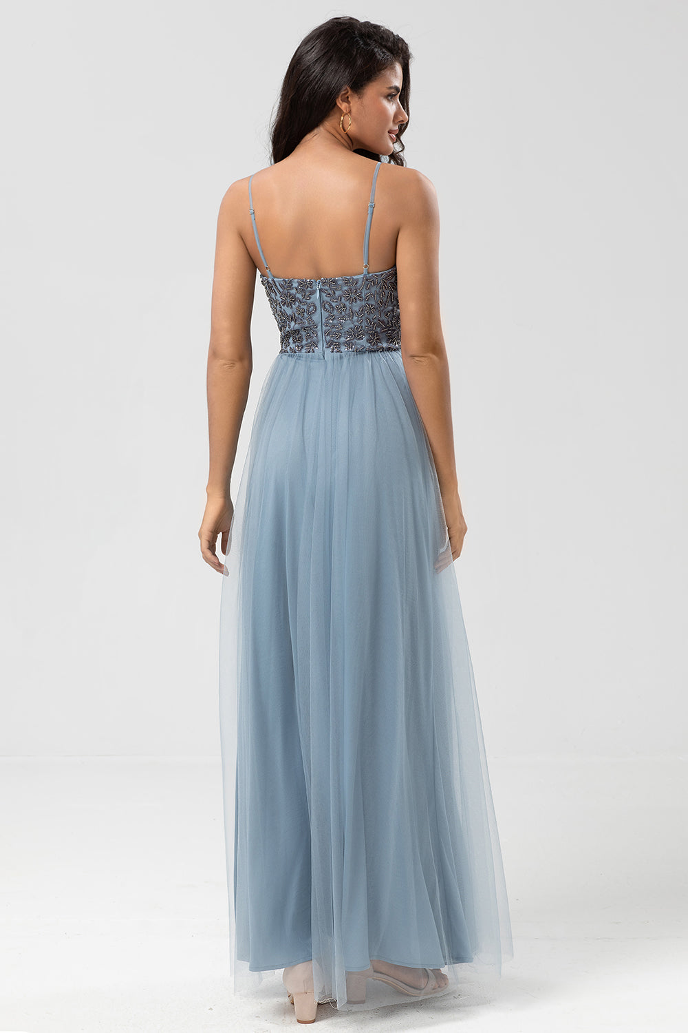 Chic Romantic A Line Spaghetti Straps Dusty Blue Long Bridesmaid Dress with Beading