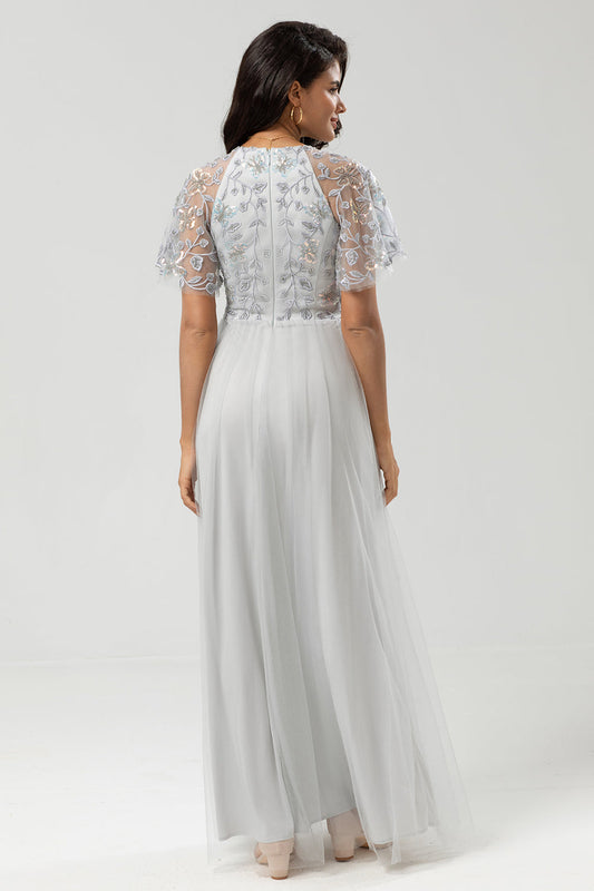 Classic Elegance A-Line Jewel Neck Grey Long Mother Dress with Short Sleeves