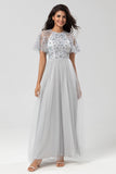 Classic Elegance A-Line Jewel Neck Grey Long Mother Dress with Short Sleeves