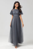 Classic Elegance A-Line Jewel Neck Grey Long Mother Dress with Short Sleeves