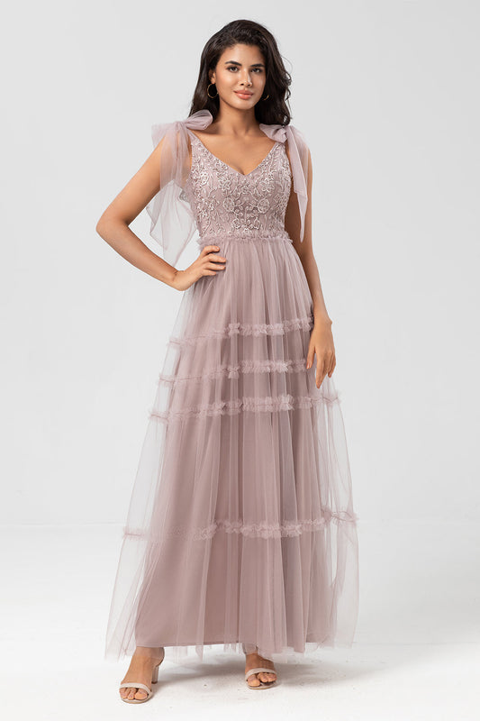 Keeper of My Heart A-Line V Neck Dusty Pink Long Bridesmaid Dress with Beading