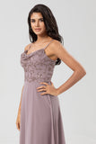 Certifiably Chic A Line Spaghetti Straps Dusty Pink Long Bridesmaid Dress with Beaded