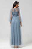 Chic Romantic A Line Jewel Neck Grey Blue Long Wedding Party Dress with Long Sleeves