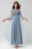 Chic Romantic A Line Jewel Neck Grey Blue Long Wedding Party Dress with Long Sleeves